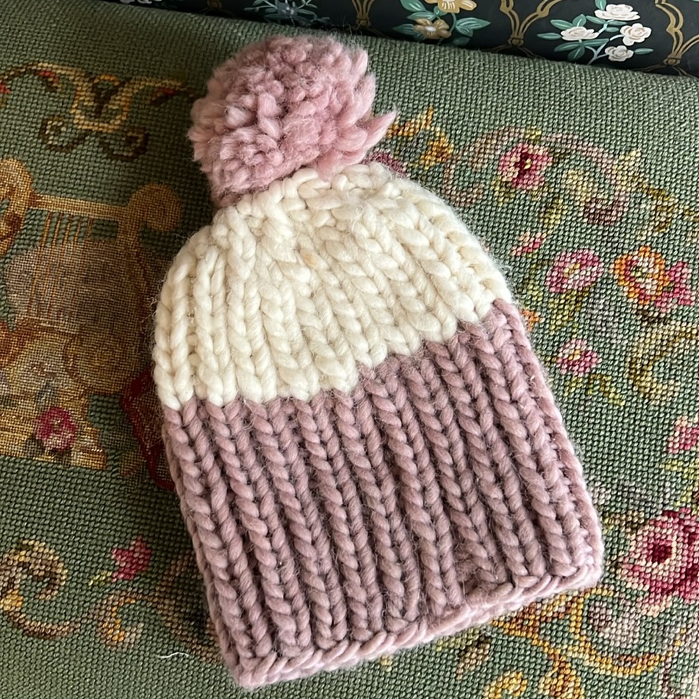 Hand Knit Chunky Wool Beanie Dusty Rose and Cream